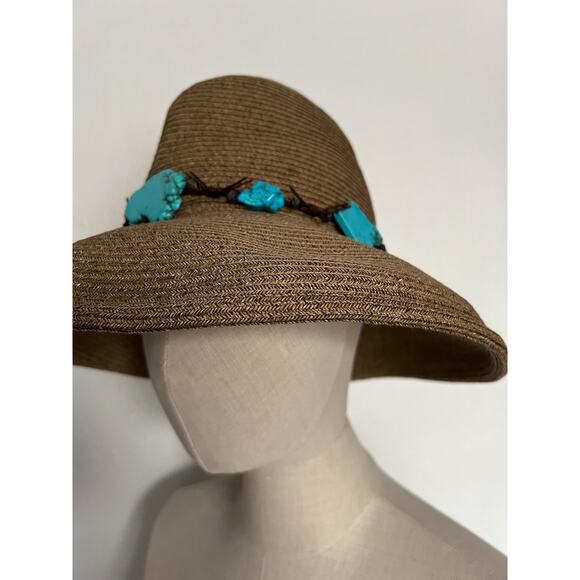 Kokin Straw Sun Hat Turquoise Bendable Brim Tan Summer Resort Vacation